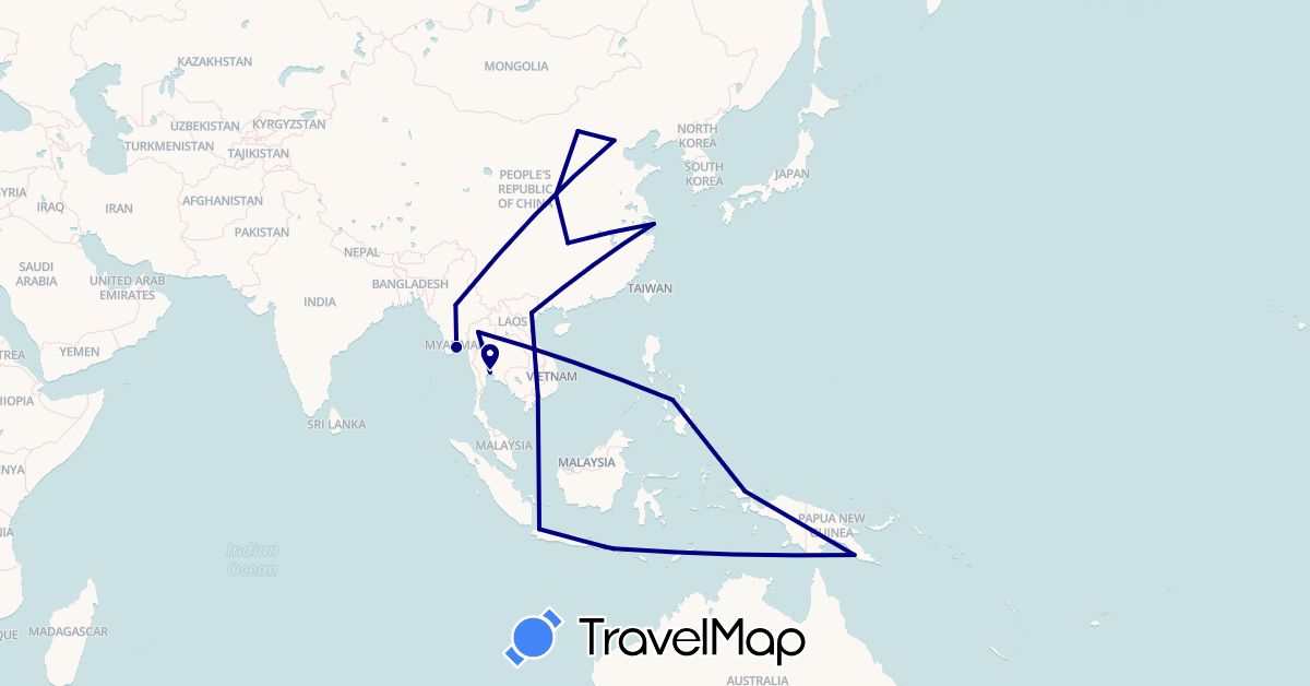 TravelMap itinerary: driving in China, Indonesia, Myanmar (Burma), Papua New Guinea, Philippines, Thailand, Vietnam (Asia, Oceania)